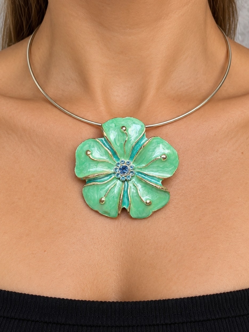 Vintage Green Enameled Flower Statement Choker Necklace Stainless Steel 16"